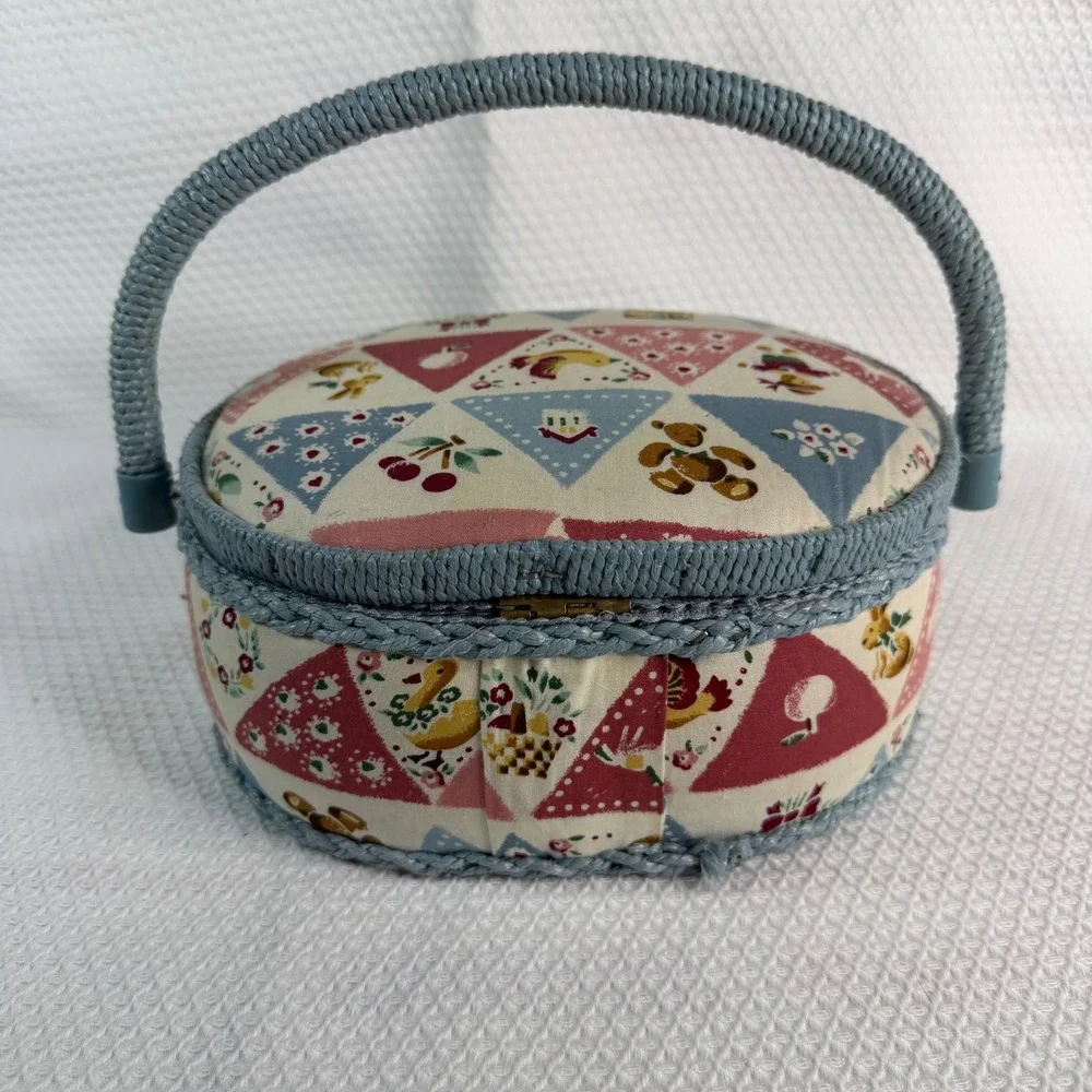 Vintage Oval Sewing Basket Blue Wicker Trim Patchwork Bird Print with Tray